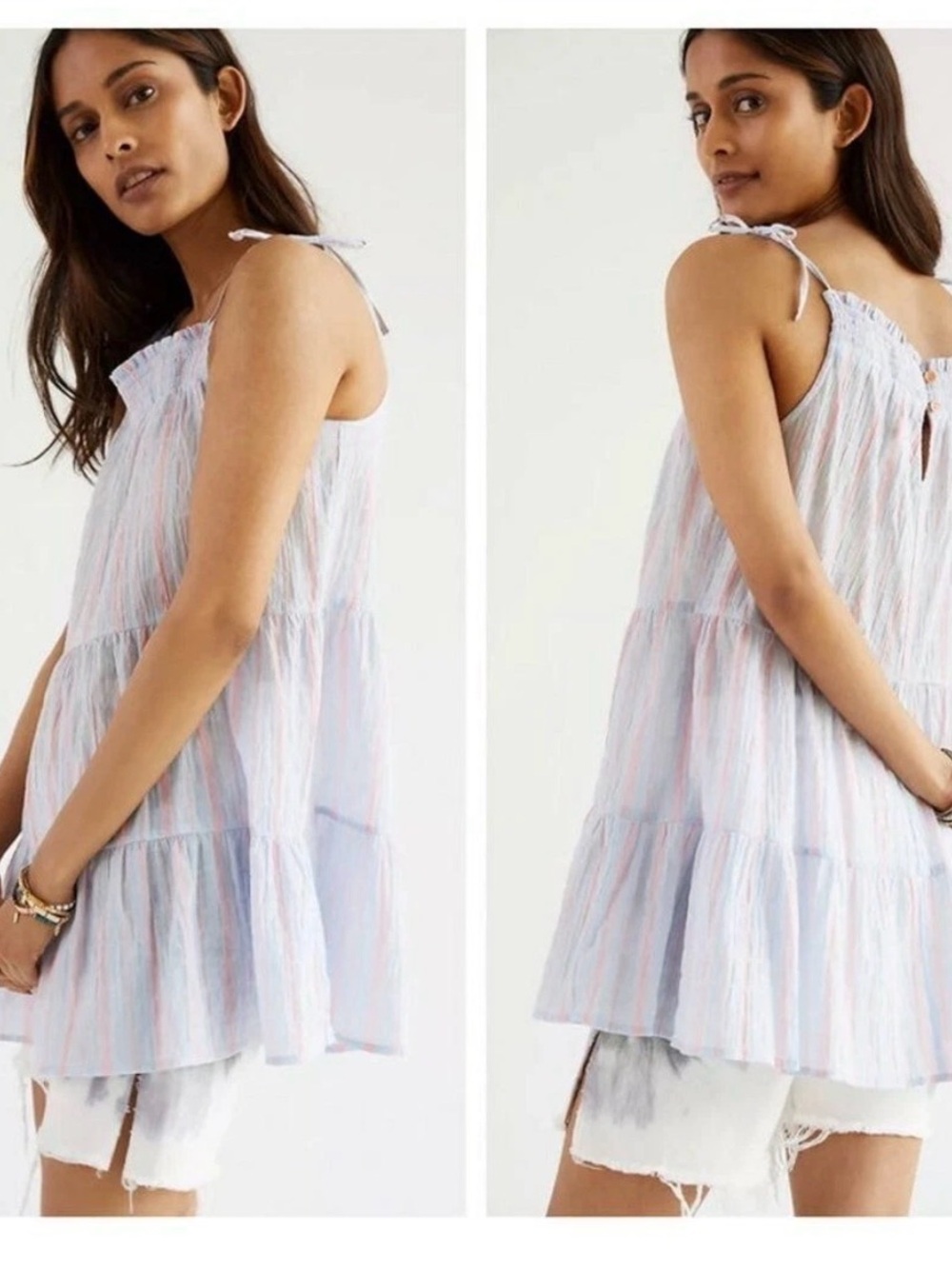 Anthropologie Blue and Pink Tiered Striped Tunic Tank